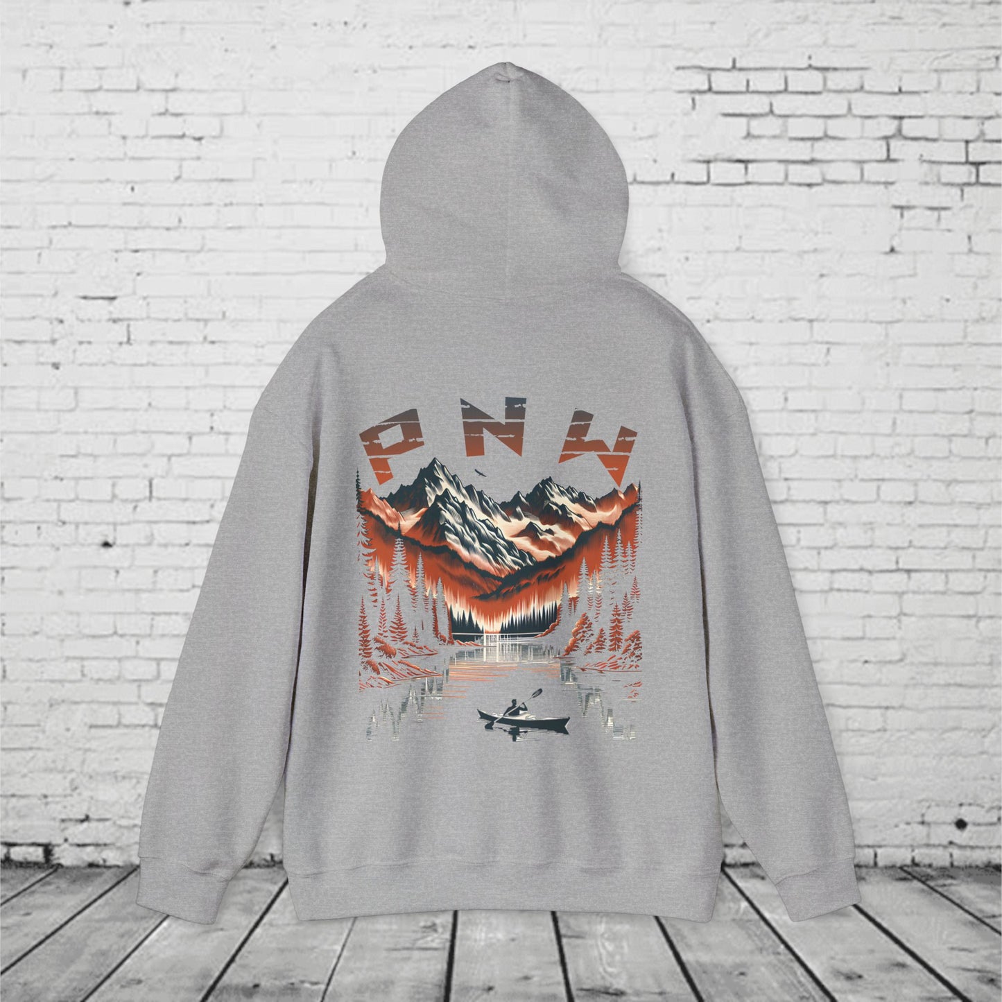 PNW Adventure Hoodie – Kayak & Mountain Wilderness Graphic, Pacific Northwest Unisex Sweatshirt