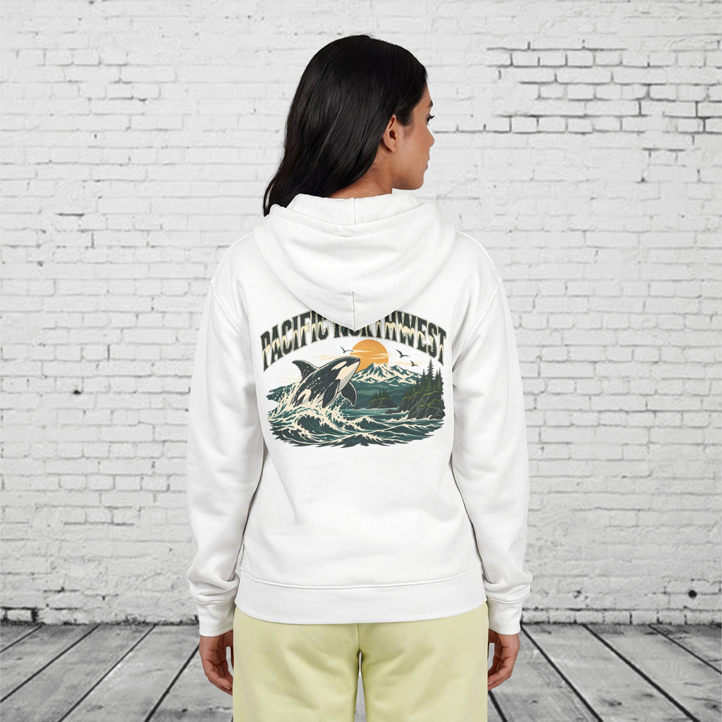 Pacific Northwest Orca Full-Zip Hoodie – PNW Mountain & Ocean Back Graphic