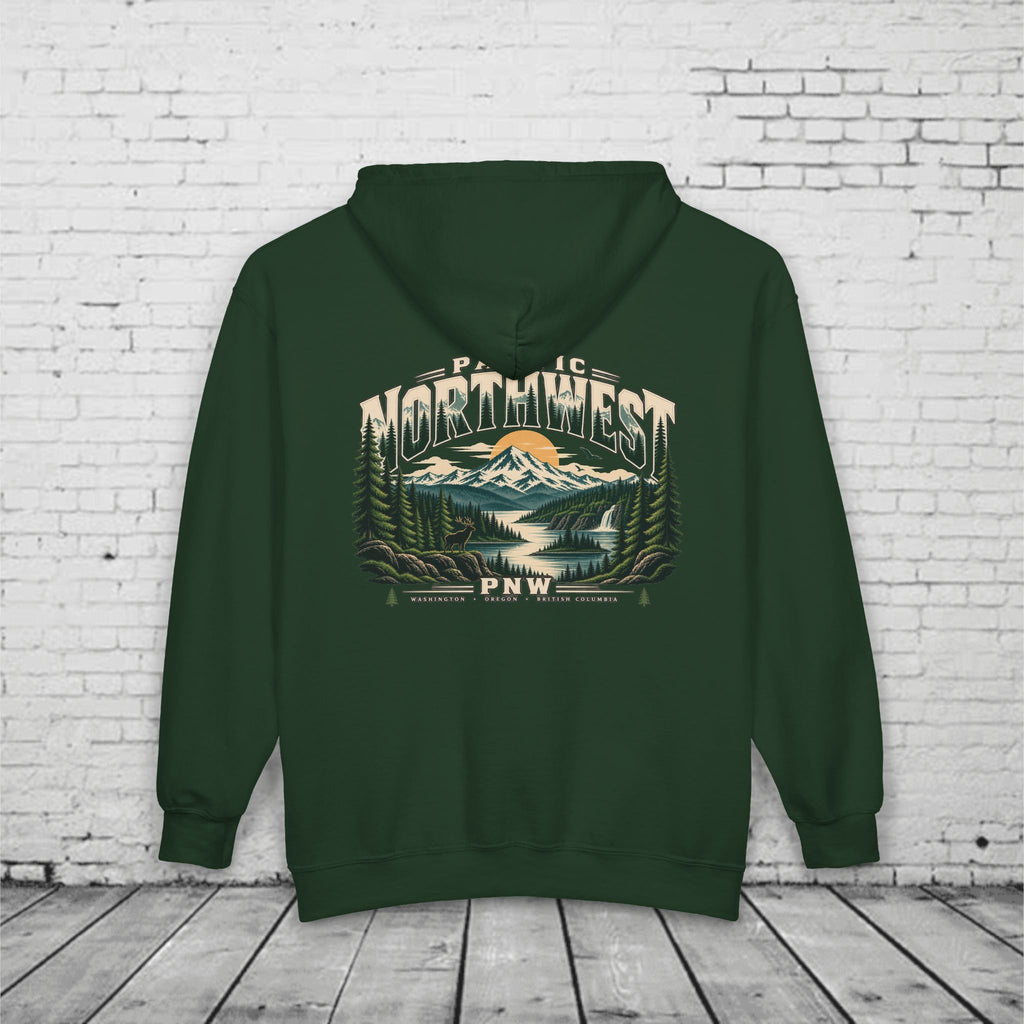 Pacific Northwest Wilderness Full-Zip Hoodie – PNW Mountain Elk Forest Back Graphic