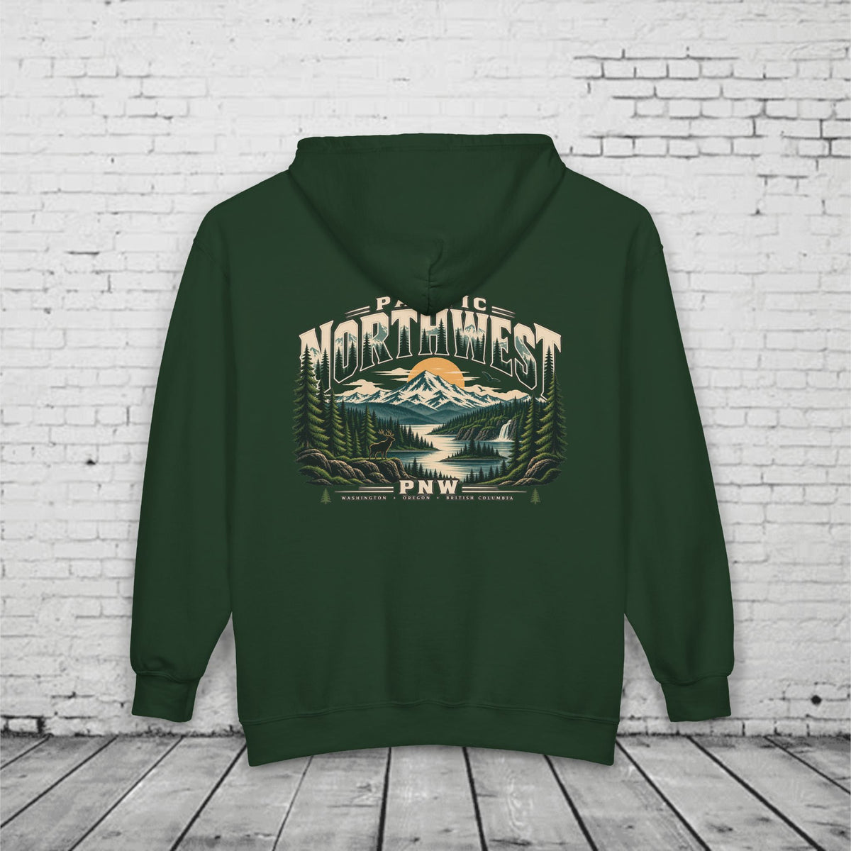 Pacific Northwest Wilderness Full-Zip Hoodie – PNW Mountain Elk Forest Back Graphic