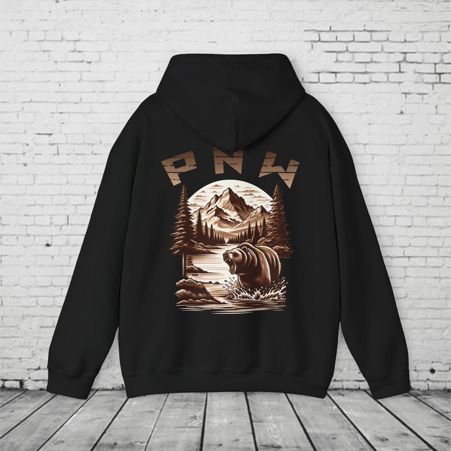 PNW Bear Hoodie – Pacific Northwest Mountain Wilderness Sweatshirt, Unisex Heavy Blend