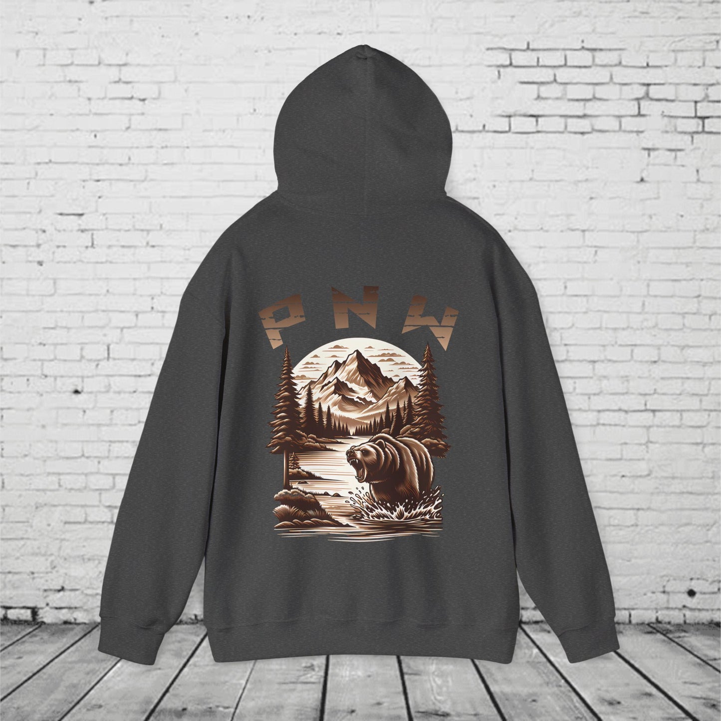 PNW Bear Hoodie – Pacific Northwest Mountain Wilderness Sweatshirt, Unisex Heavy Blend