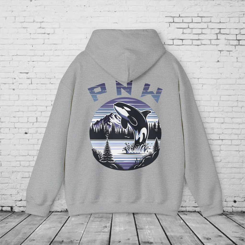 PNW Orca Hoodie – Pacific Northwest Whale, Mountain & Forest Graphic Unisex Hooded Sweatshirt