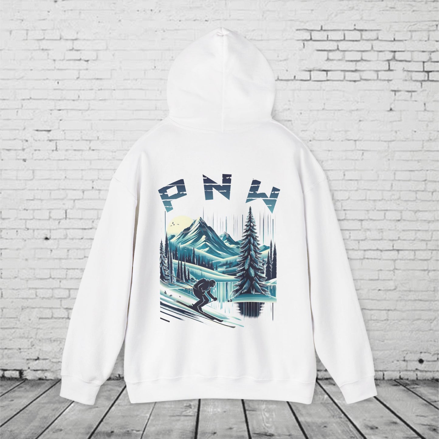 PNW Ski Hoodie – Retro Pacific Northwest Mountain Skiing Hoodie | Unisex Heavy Blend Winter Sweatshirt