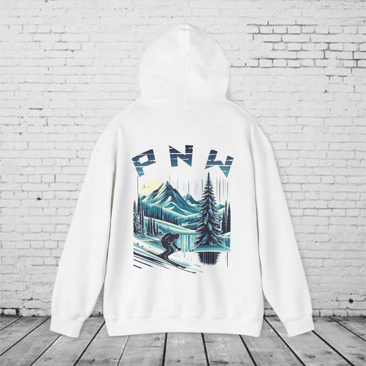 PNW Ski Hoodie – Retro Pacific Northwest Mountain Skiing Hoodie | Unisex Heavy Blend Winter Sweatshirt