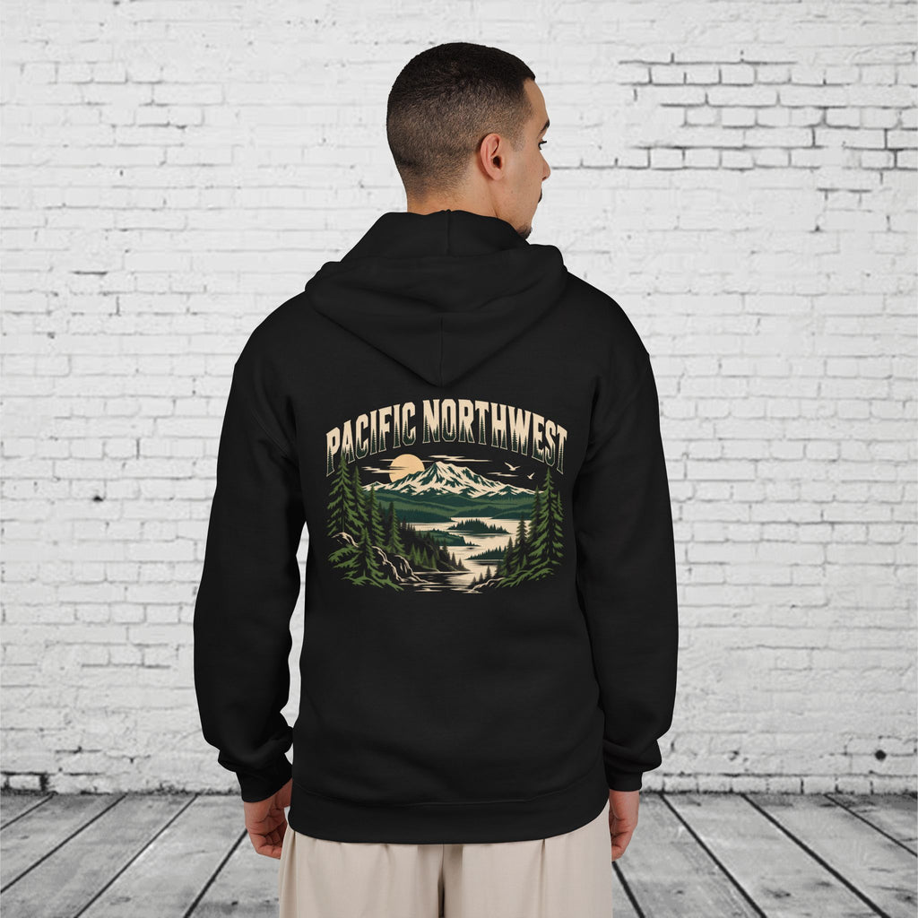 Pacific Northwest Mountain Lake Full-Zip Hoodie – PNW Evergreen Outdoor Back Graphic