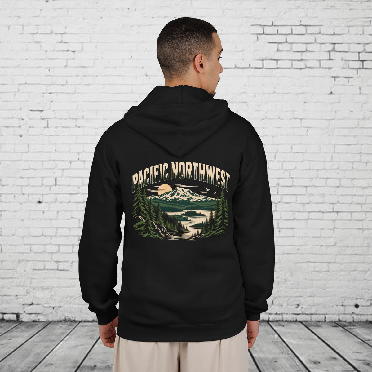 Pacific Northwest Mountain Lake Full-Zip Hoodie – PNW Evergreen Outdoor Back Graphic