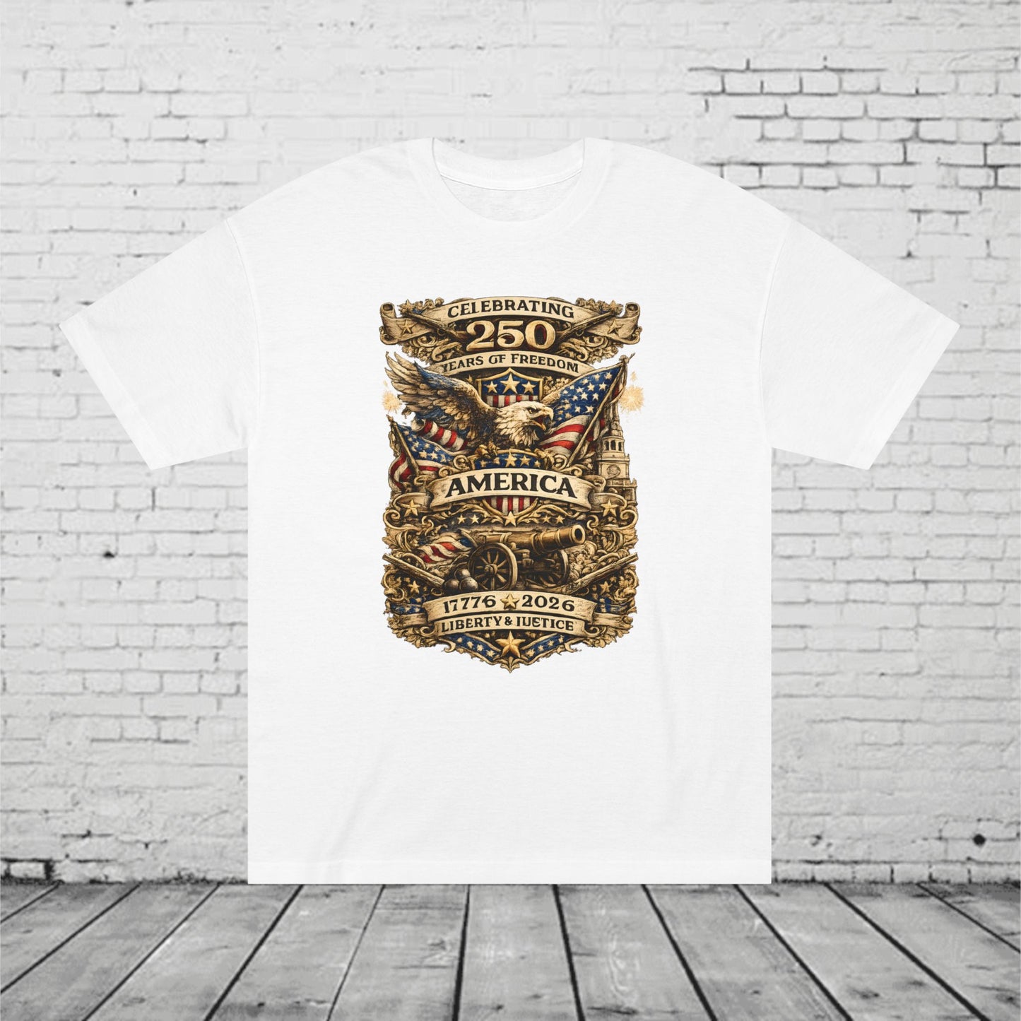 America 250 Years of Freedom Patriotic T-Shirt | 1776–2026 Semiquincentennial Eagle, Flag & Cannon Tee | Liberty & Justice Unisex Shirt
