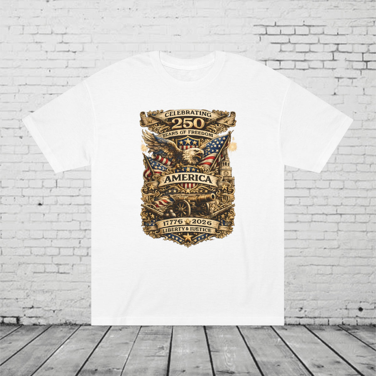 America 250 Years of Freedom Patriotic T-Shirt | 1776–2026 Semiquincentennial Eagle, Flag & Cannon Tee | Liberty & Justice Unisex Shirt