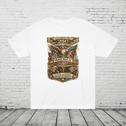 America 250 Years of Freedom Patriotic T-Shirt | 1776–2026 Semiquincentennial Eagle, Flag & Cannon Tee | Liberty & Justice Unisex Shirt