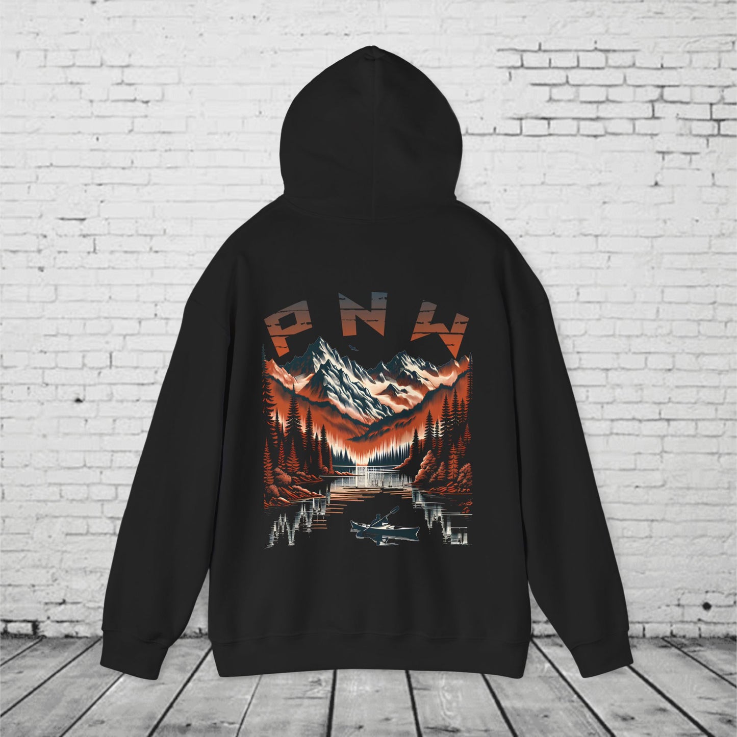 PNW Adventure Hoodie – Kayak & Mountain Wilderness Graphic, Pacific Northwest Unisex Sweatshirt