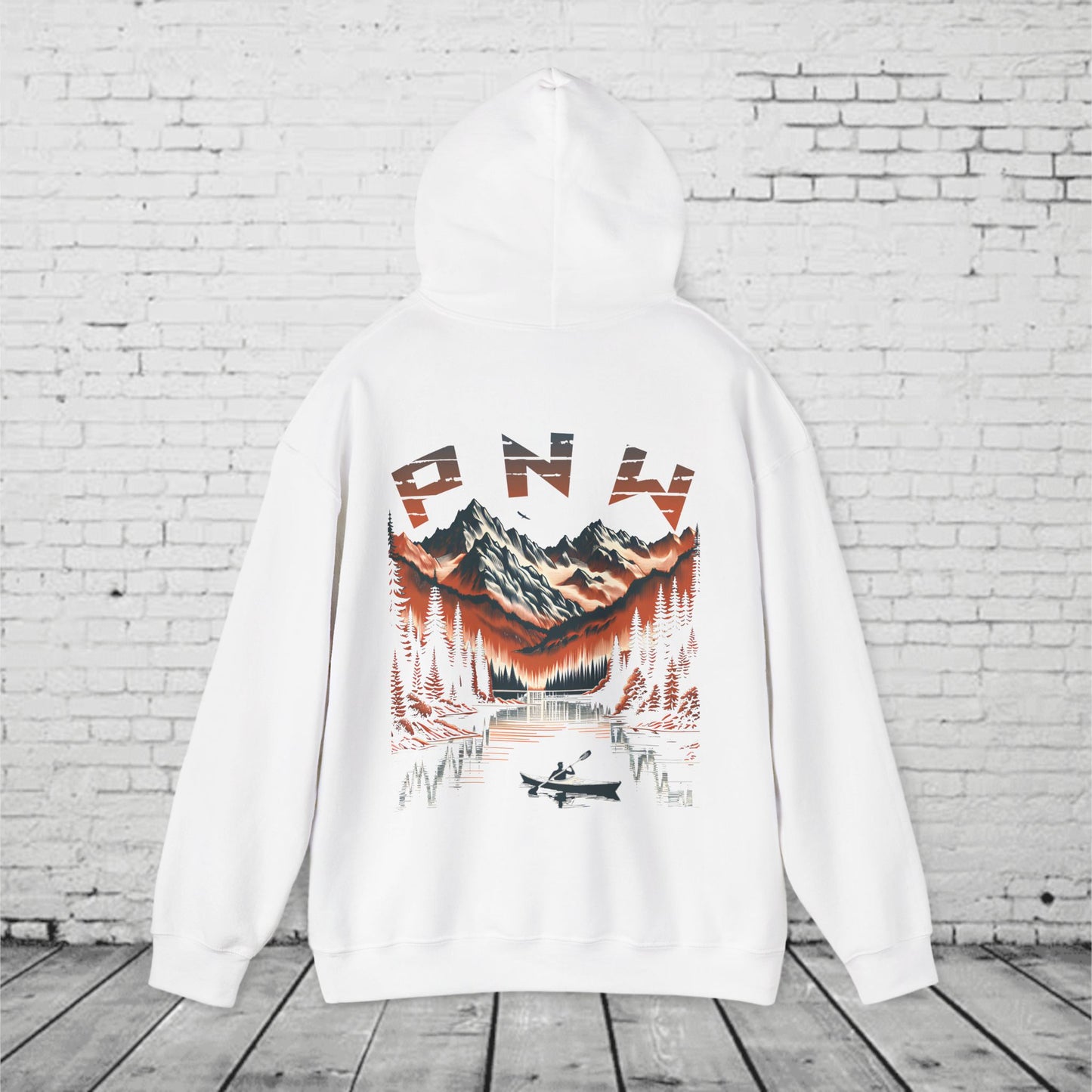 PNW Adventure Hoodie – Kayak & Mountain Wilderness Graphic, Pacific Northwest Unisex Sweatshirt