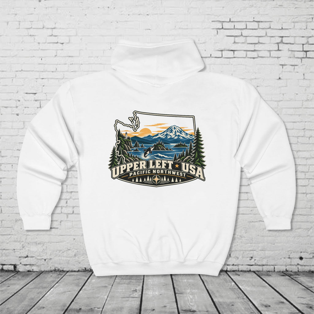 Upper Left USA Full-Zip Hoodie – Pacific Northwest Orca & Mountain Back Graphic