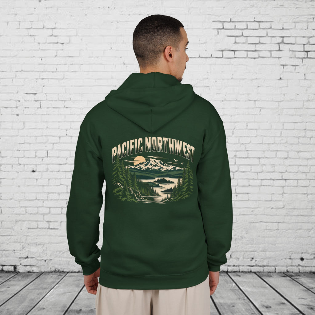 Pacific Northwest Mountain Lake Full-Zip Hoodie – PNW Evergreen Outdoor Back Graphic