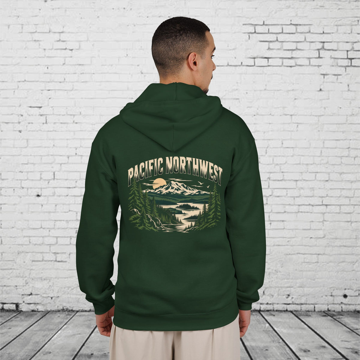 Pacific Northwest Mountain Lake Full-Zip Hoodie – PNW Evergreen Outdoor Back Graphic