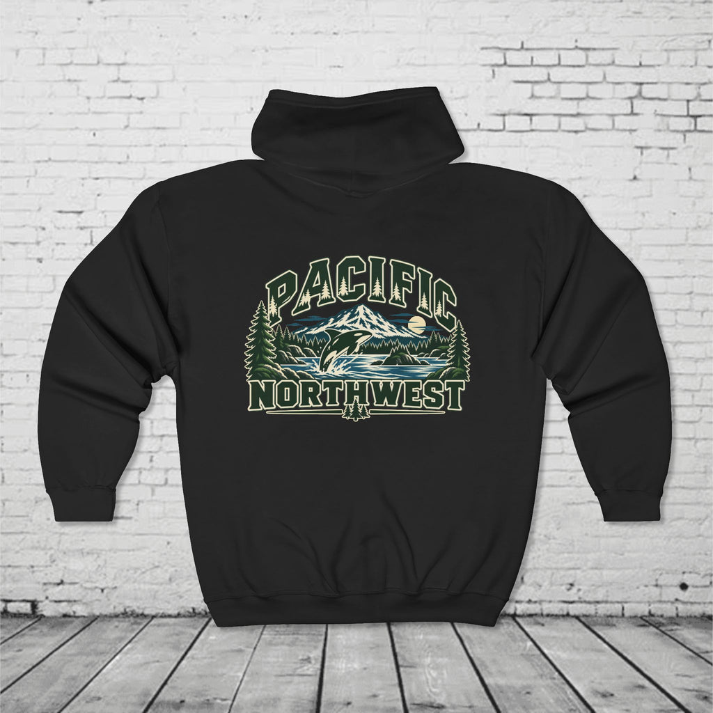 Wild Pacific Orca Full-Zip Hoodie – Pacific Northwest Mountain & Ocean Back Graphic