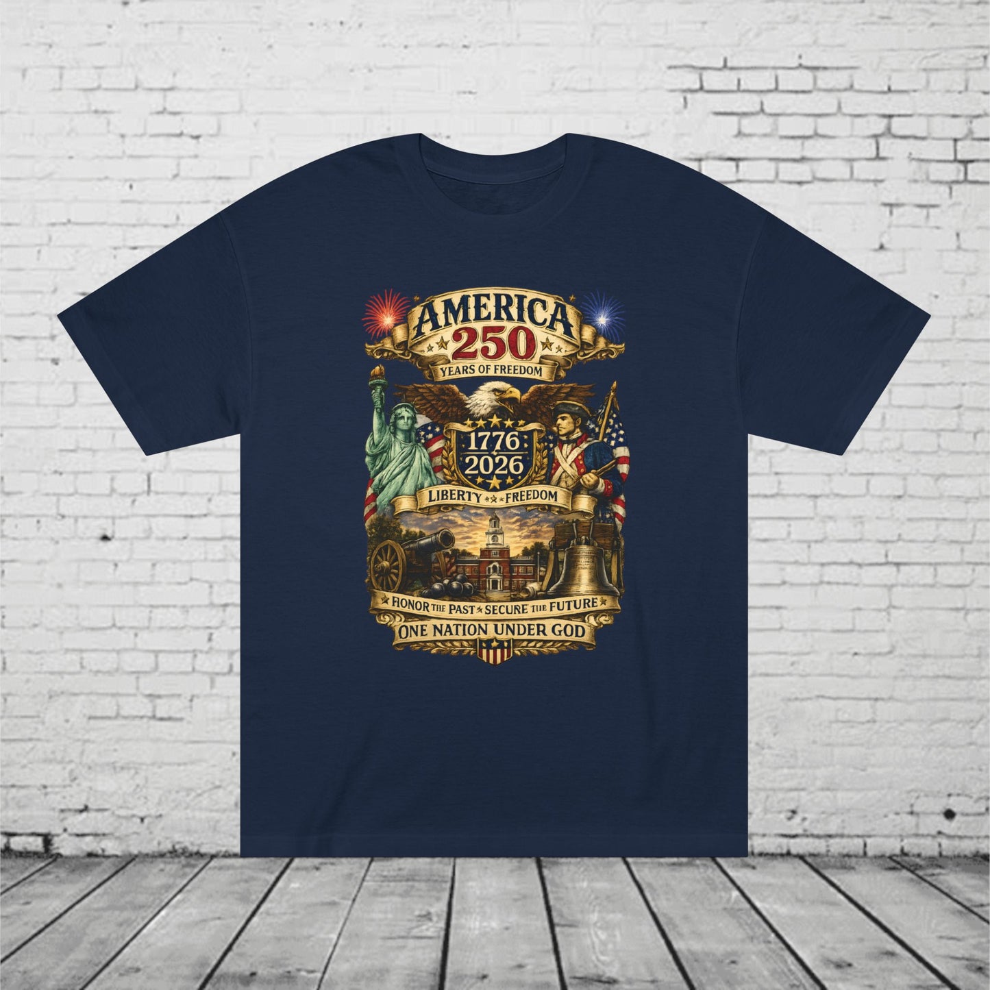 America 250 Patriotic T-Shirt | 1776–2026 Eagle, Revolutionary Soldier & Statue of Liberty Tee | One Nation Under God Semiquincentennial Unisex Shirt