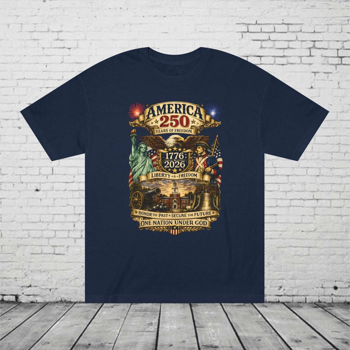 America 250 Patriotic T-Shirt | 1776–2026 Eagle, Revolutionary Soldier & Statue of Liberty Tee | One Nation Under God Semiquincentennial Unisex Shirt