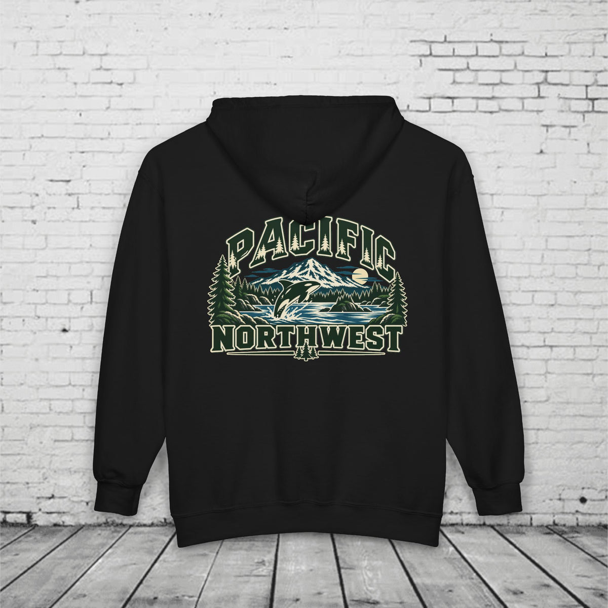 Wild Pacific Orca Full-Zip Hoodie – Pacific Northwest Mountain & Ocean Back Graphic