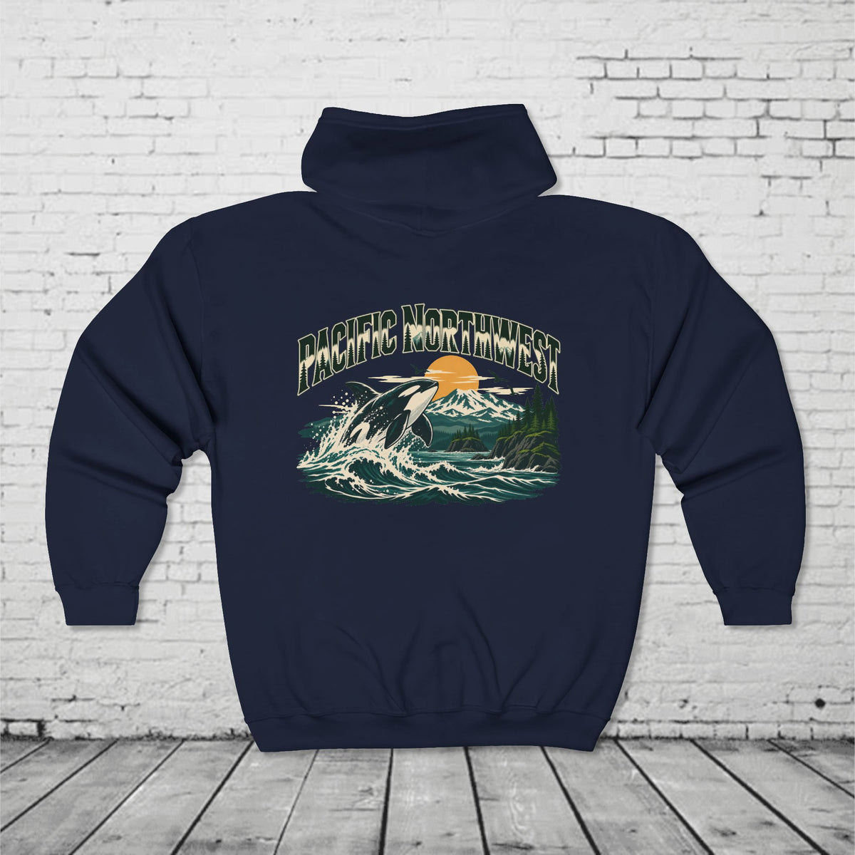 Pacific Northwest Orca Full-Zip Hoodie – PNW Mountain & Ocean Back Graphic