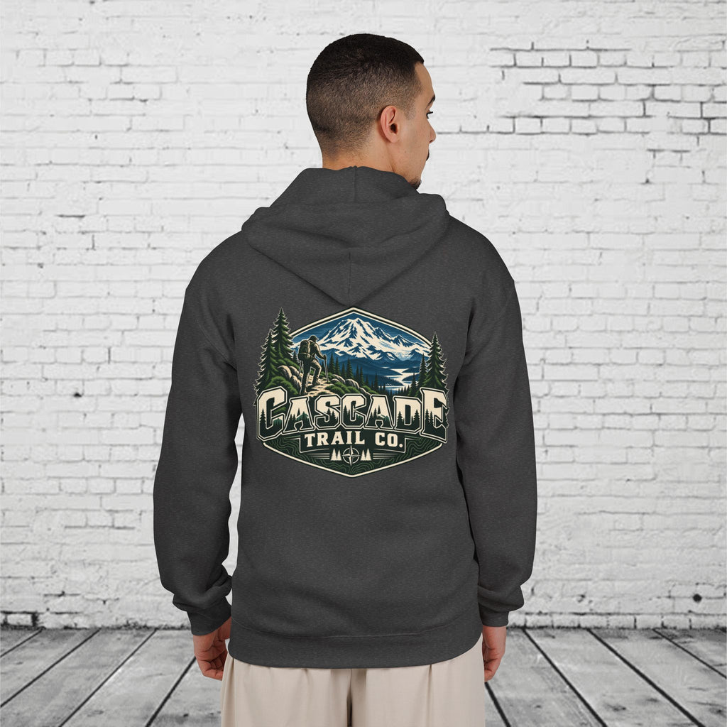 Cascade Trail Co. Full-Zip Hoodie – PNW Mountain Hiker Outdoor Back Graphic