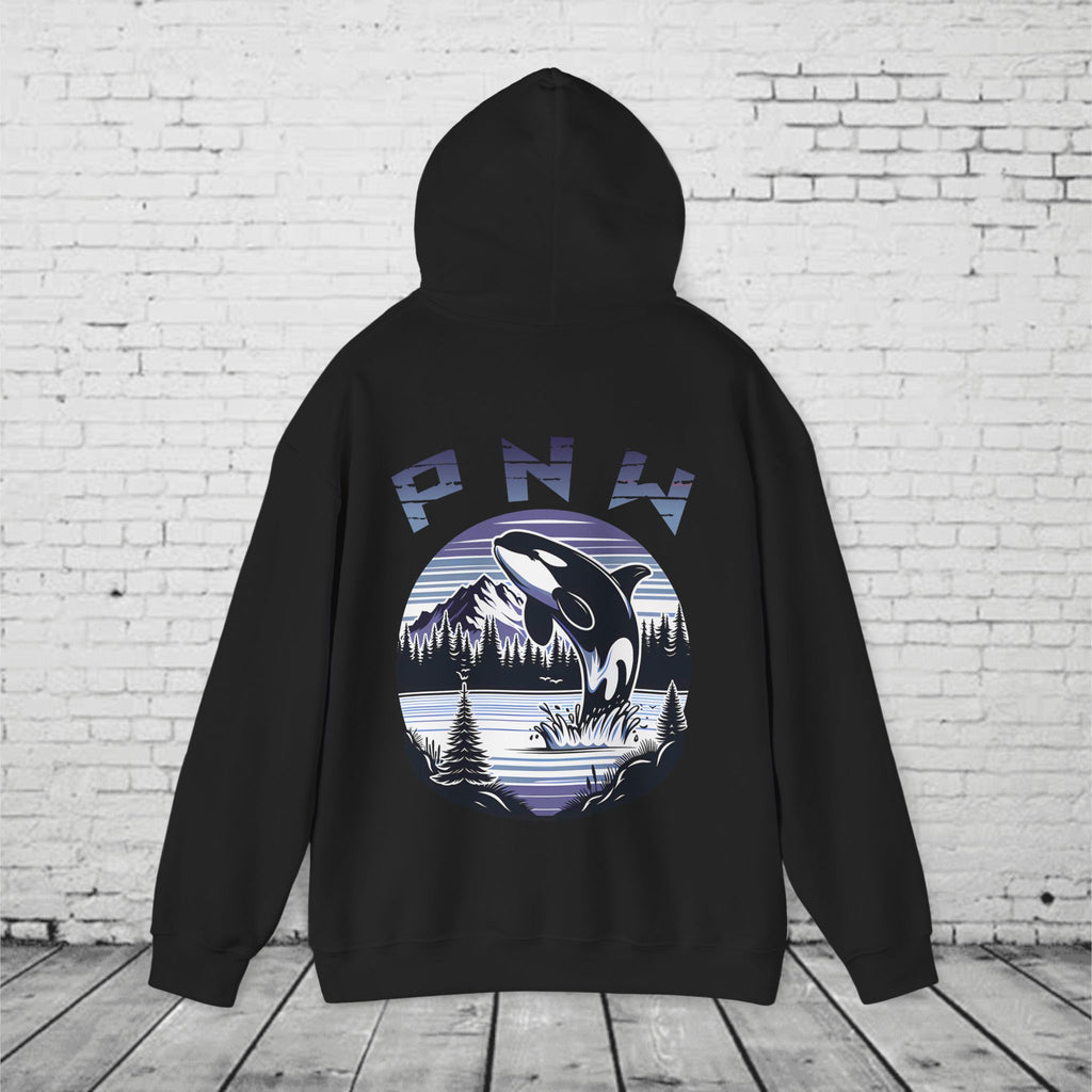 PNW Orca Hoodie – Pacific Northwest Whale, Mountain & Forest Graphic Unisex Hooded Sweatshirt