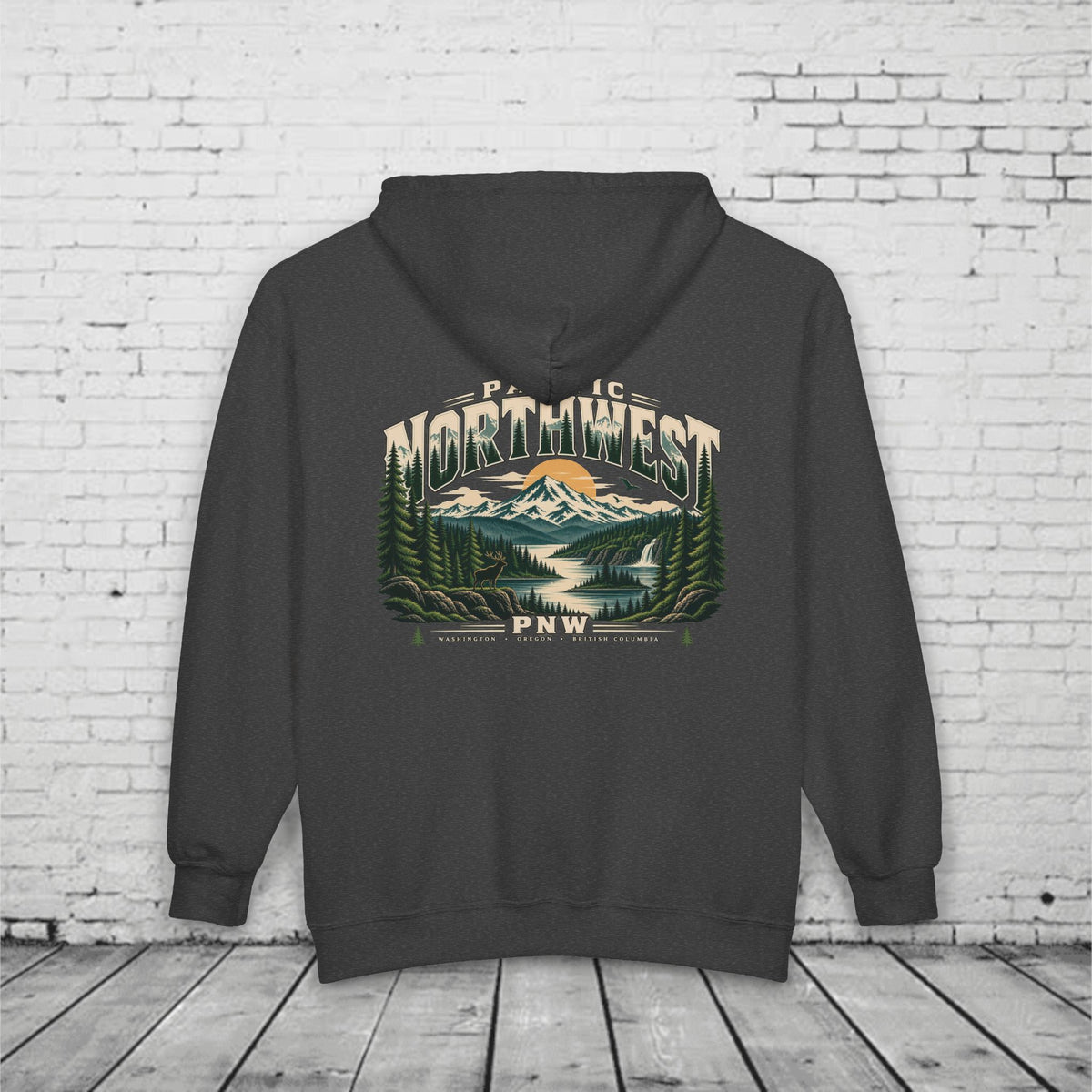 Pacific Northwest Wilderness Full-Zip Hoodie – PNW Mountain Elk Forest Back Graphic