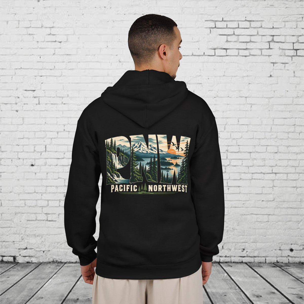 PNW Pacific Northwest Scenic Full-Zip Hoodie – Mountain Forest Waterfall Back Graphic