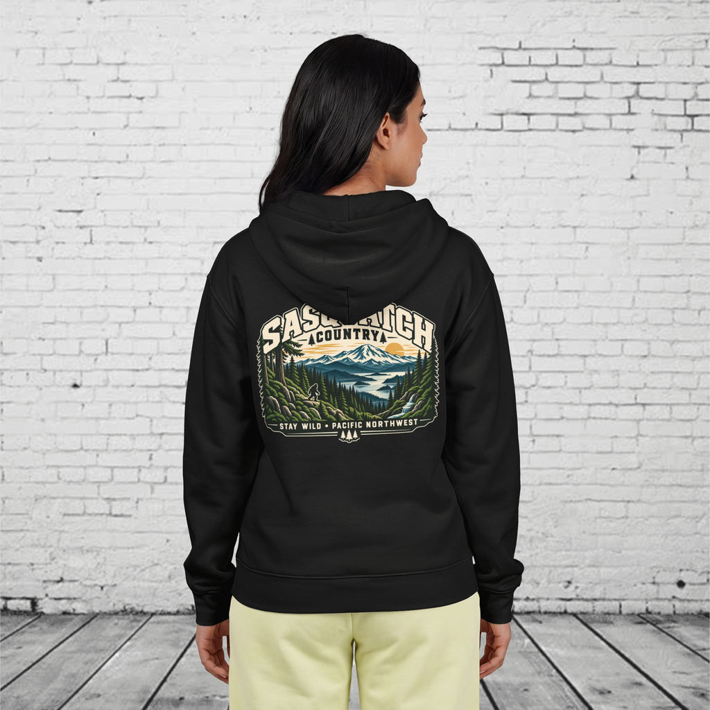 Sasquatch Country Full-Zip Hoodie – Stay Wild Pacific Northwest Bigfoot Back Graphic