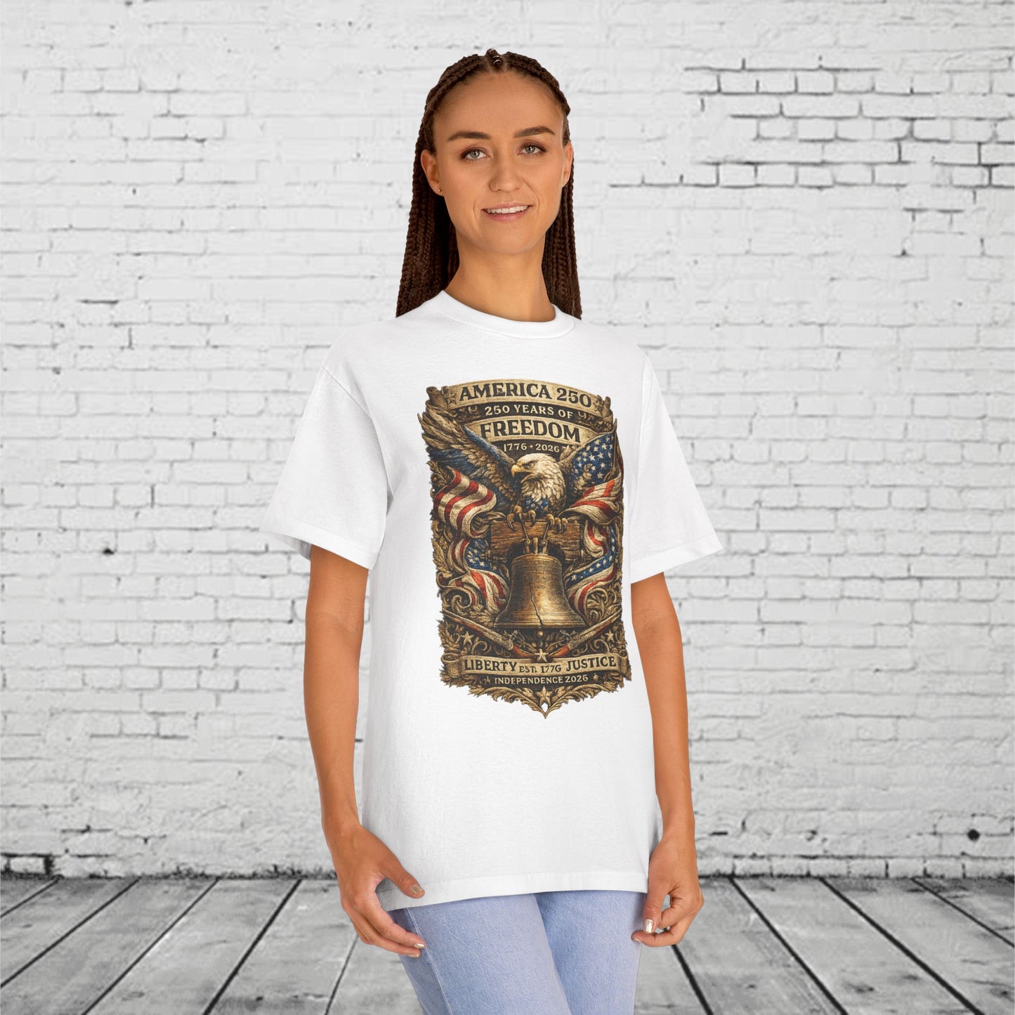 America 250 Liberty & Justice Patriotic T-Shirt | 250 Years of Freedom Eagle & Liberty Bell Graphic Tee | Independence Day 2026 Unisex Shirt
