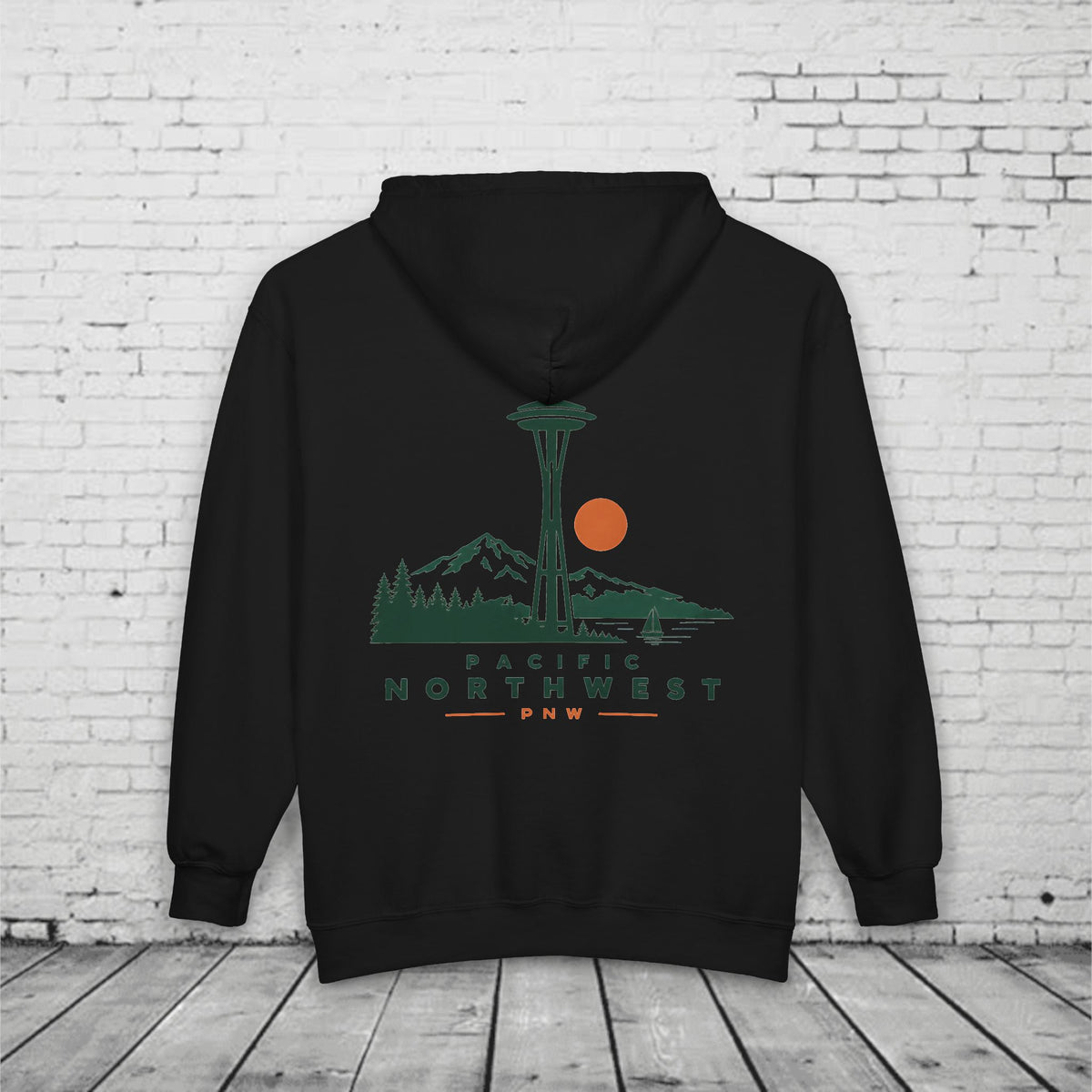 PNW Space Needle Full-Zip Hoodie – Pacific Northwest Mountain & Evergreen Sweatshirt