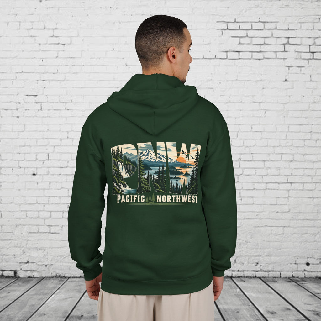 PNW Pacific Northwest Scenic Full-Zip Hoodie – Mountain Forest Waterfall Back Graphic
