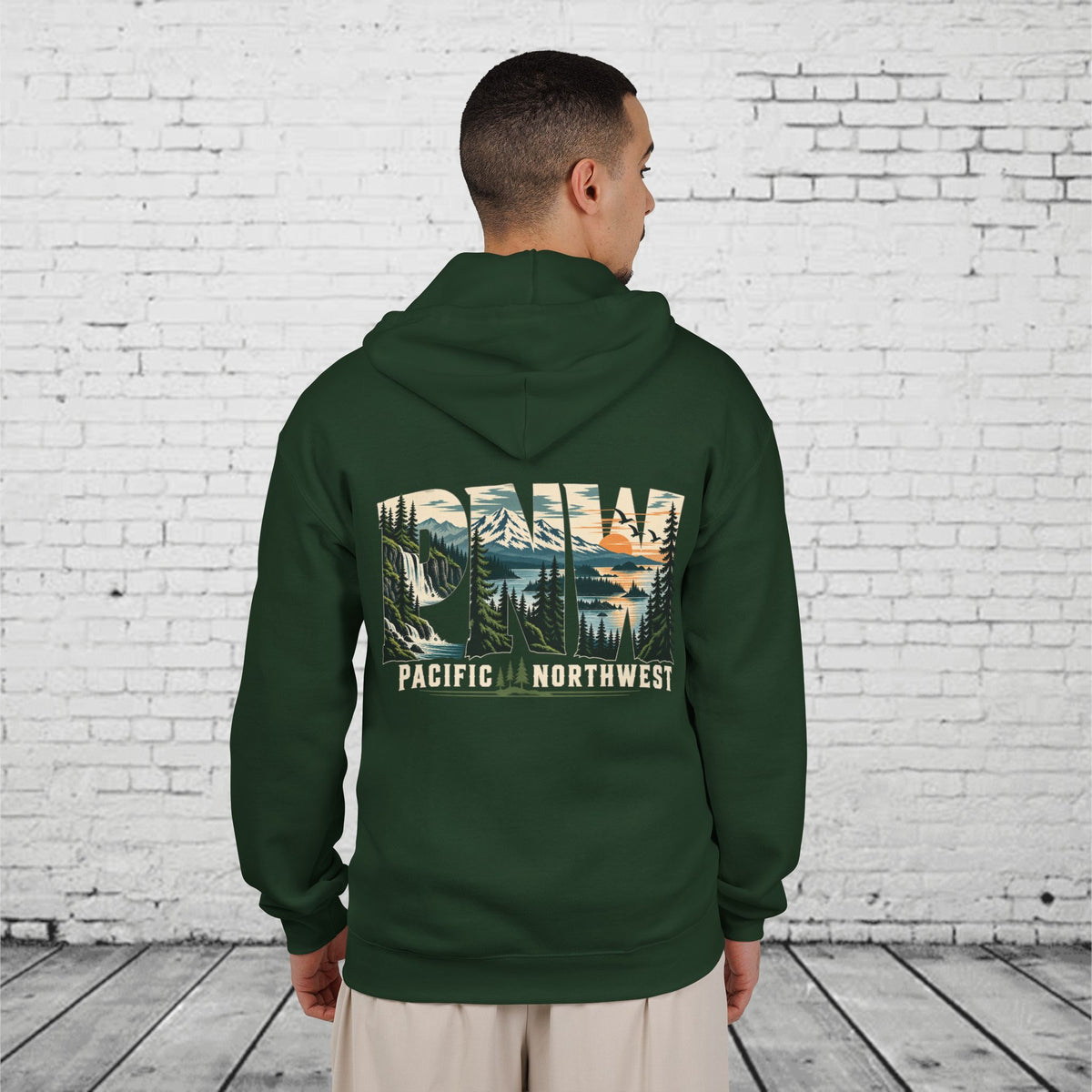 PNW Pacific Northwest Scenic Full-Zip Hoodie – Mountain Forest Waterfall Back Graphic