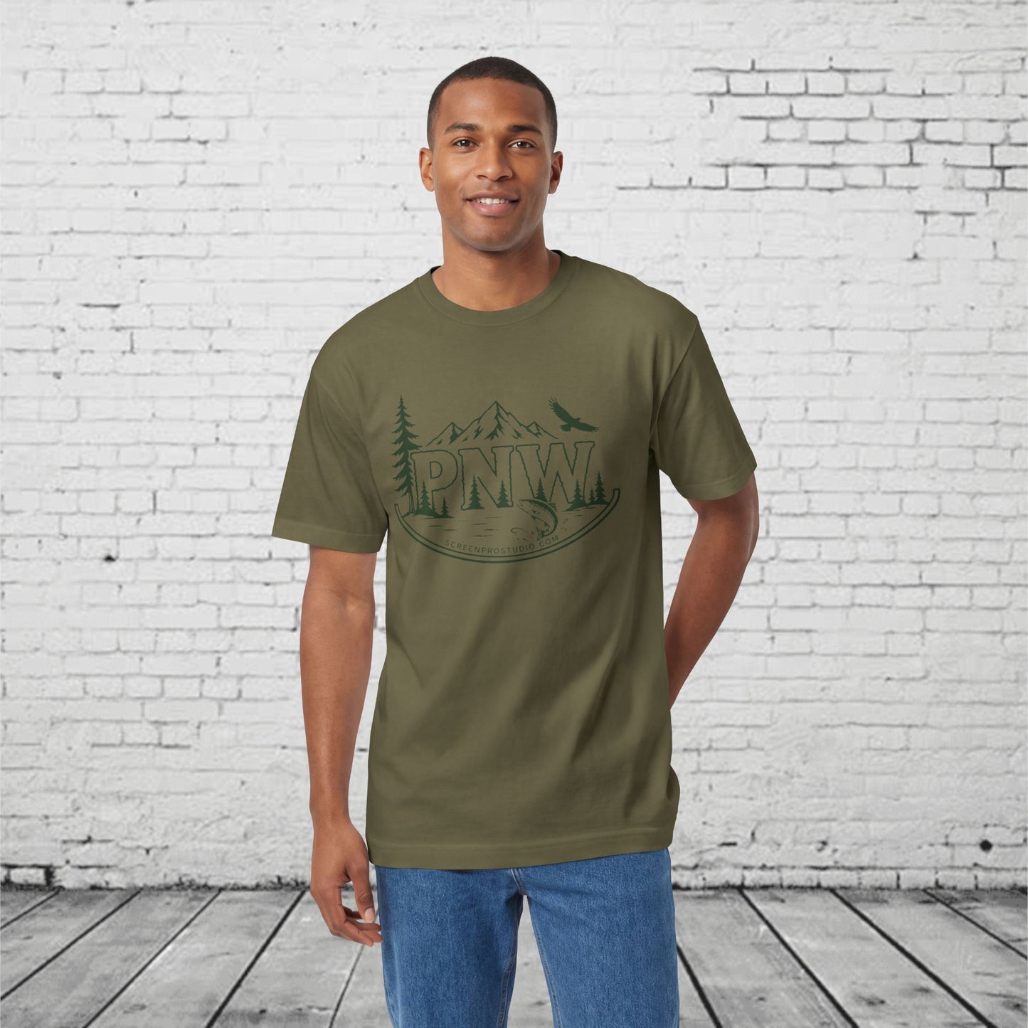 PNW Forest Badge T-Shirt | Pacific Northwest Mountain, Pine Tree & Salmon Graphic Tee