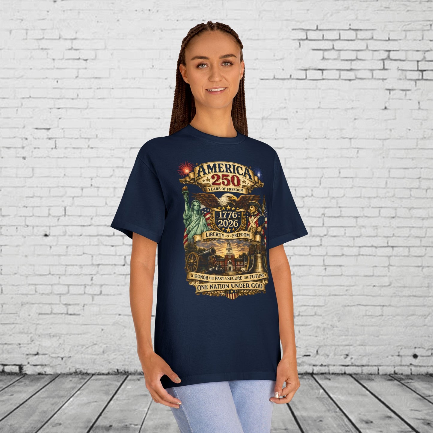 America 250 Patriotic T-Shirt | 1776–2026 Eagle, Revolutionary Soldier & Statue of Liberty Tee | One Nation Under God Semiquincentennial Unisex Shirt