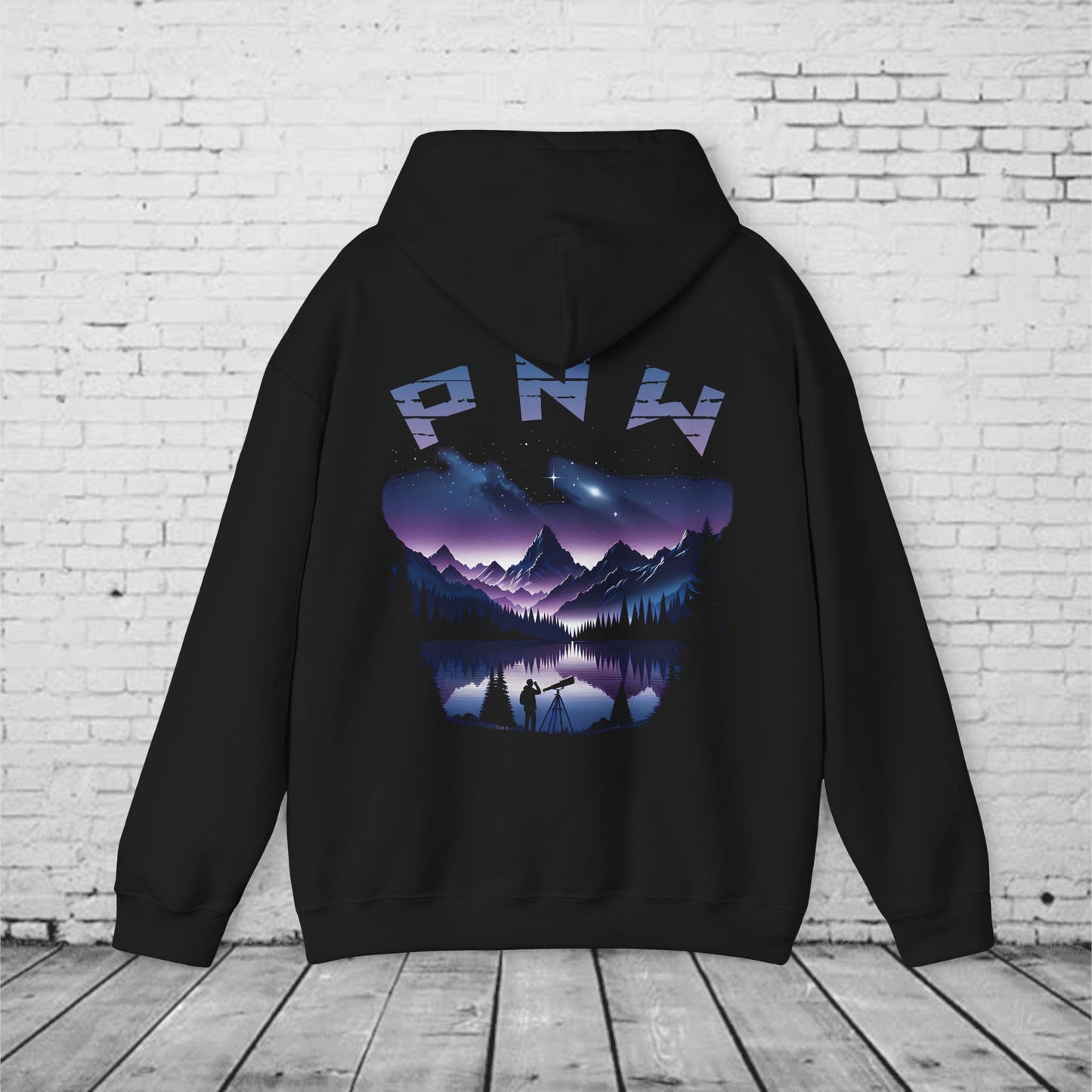 PNW Stargazer Hoodie – Pacific Northwest Night Sky Mountain Graphic, Astronomy Cosmic Unisex Pullover Sweatshirt
