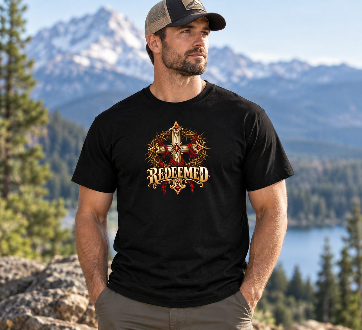 Redeemed Crown of Thorns Christian Cross Unisex Heavy Cotton T-Shirt