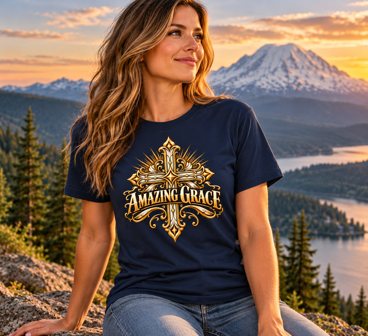 Amazing Grace Ornate Christian Cross Unisex Heavy Cotton T-Shirt