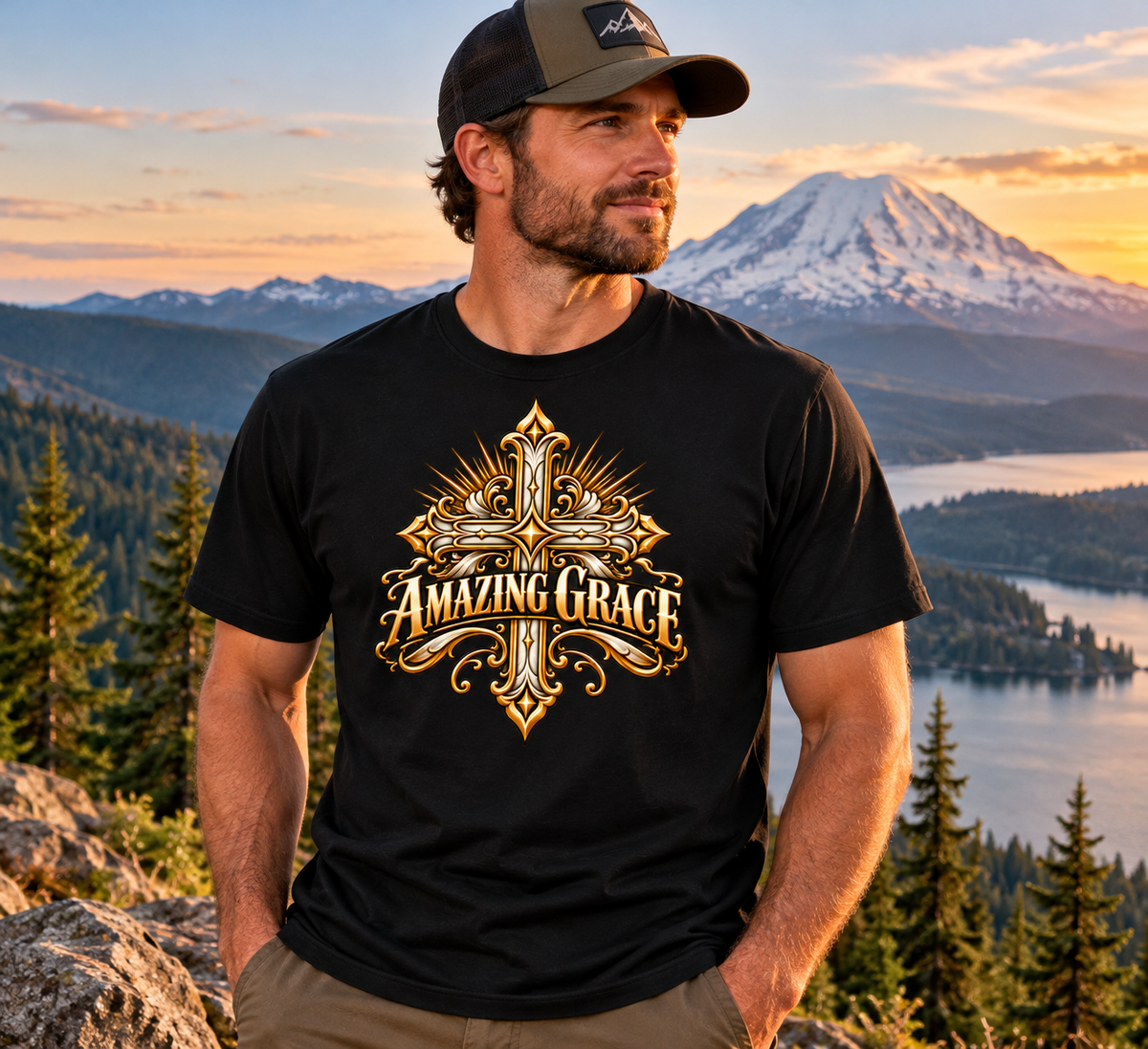 Amazing Grace Ornate Christian Cross Unisex Heavy Cotton T-Shirt
