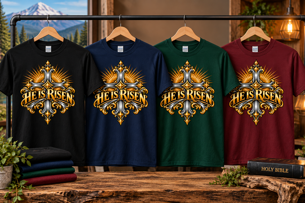 He Is Risen Ornate Christian Cross Unisex Heavy Cotton T-Shirt