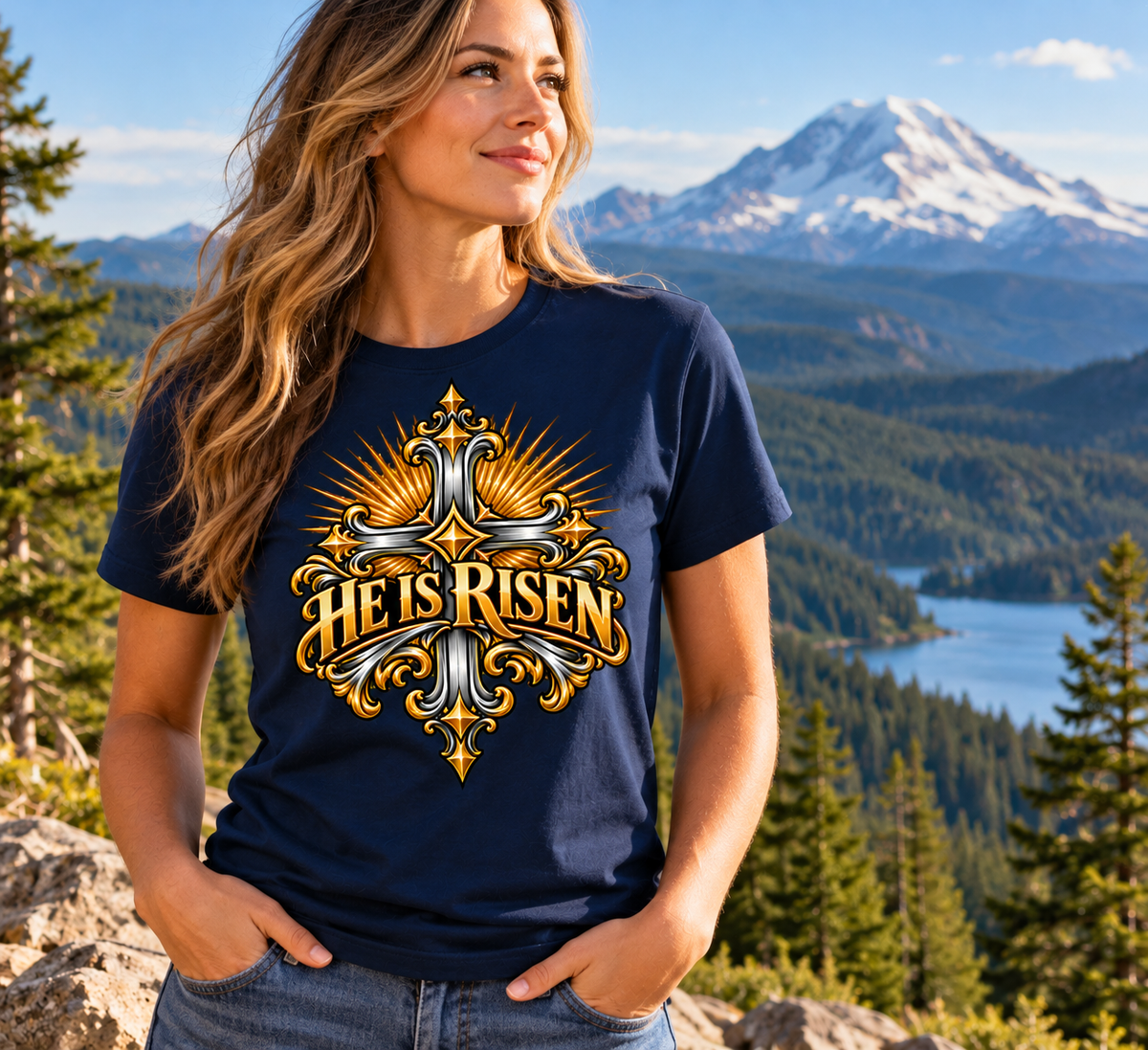He Is Risen Ornate Christian Cross Unisex Heavy Cotton T-Shirt