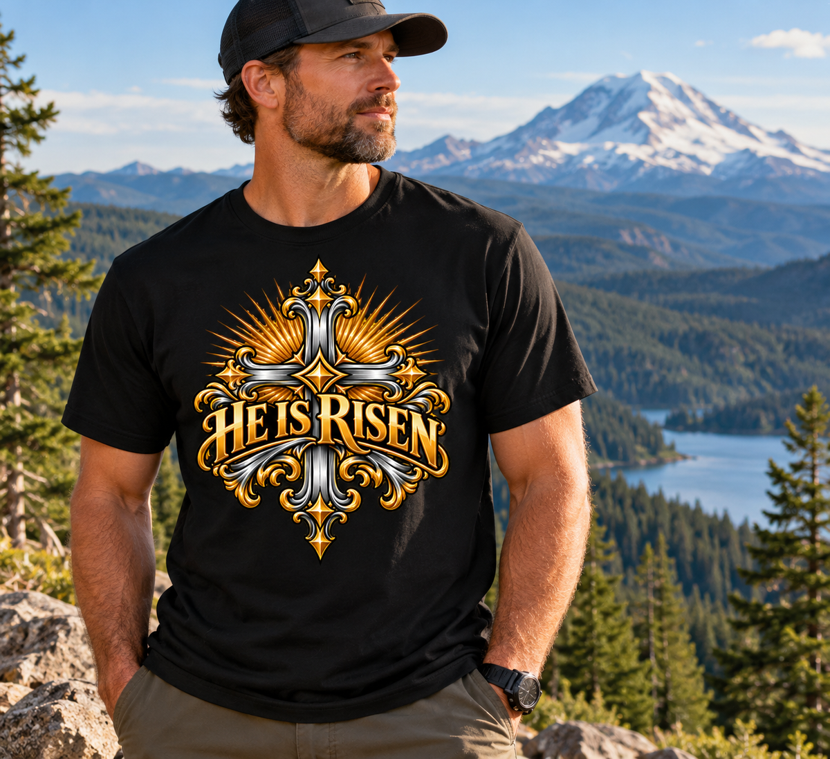 He Is Risen Ornate Christian Cross Unisex Heavy Cotton T-Shirt