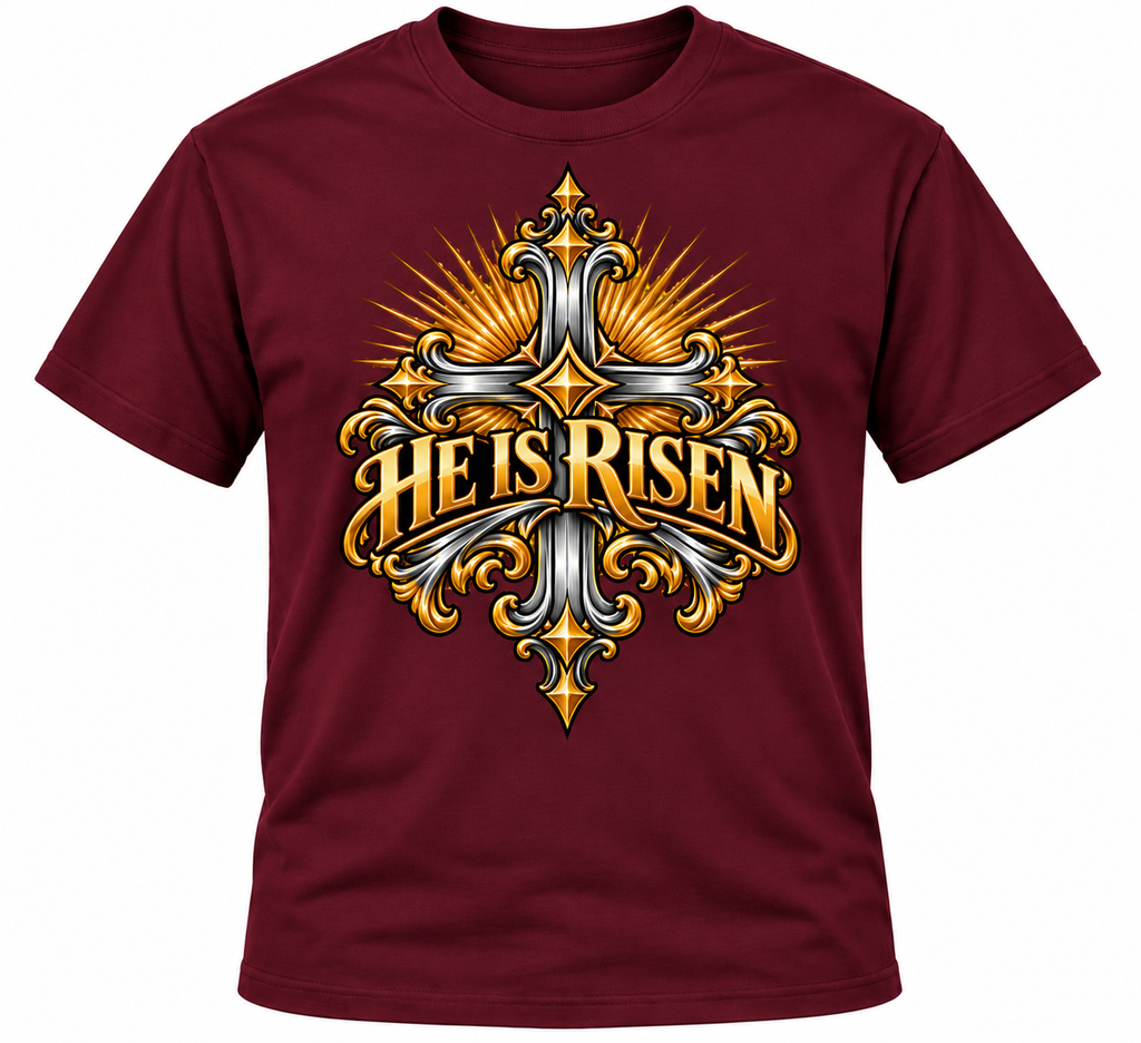 He Is Risen Ornate Christian Cross Unisex Heavy Cotton T-Shirt