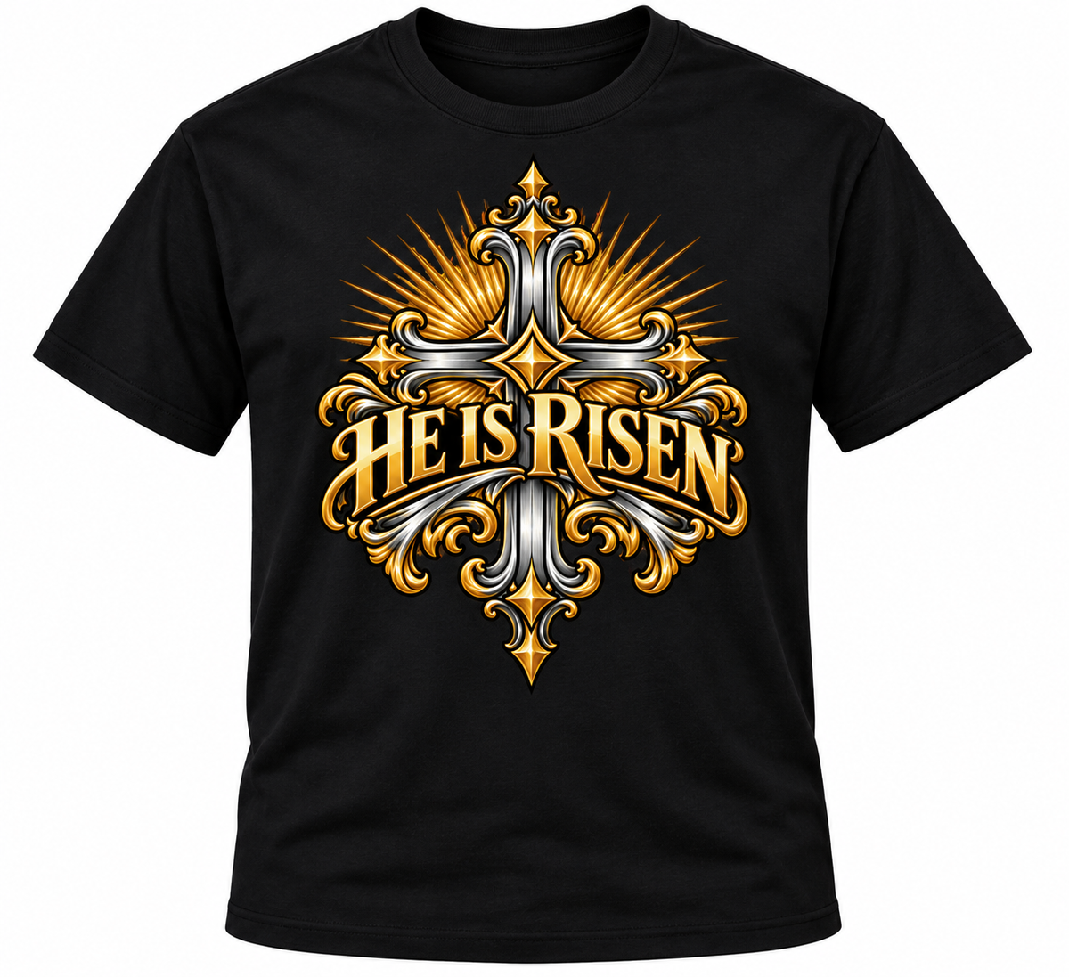 He Is Risen Ornate Christian Cross Unisex Heavy Cotton T-Shirt