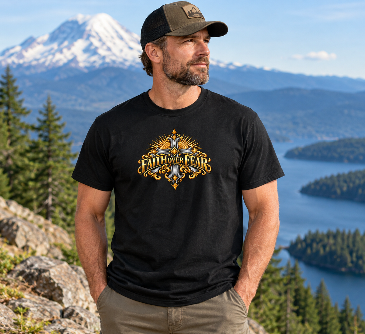 Faith Over Fear Ornate Christian Cross Unisex Heavy Cotton T-Shirt