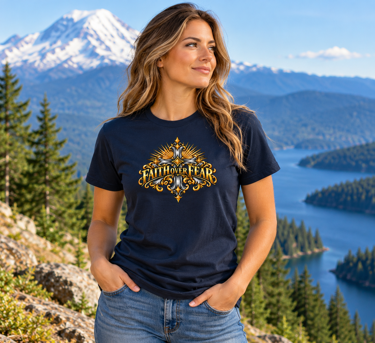 Faith Over Fear Ornate Christian Cross Unisex Heavy Cotton T-Shirt