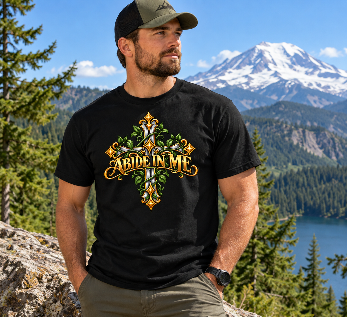 Abide in Me Ornate Christian Cross Unisex Heavy Cotton T-Shirt