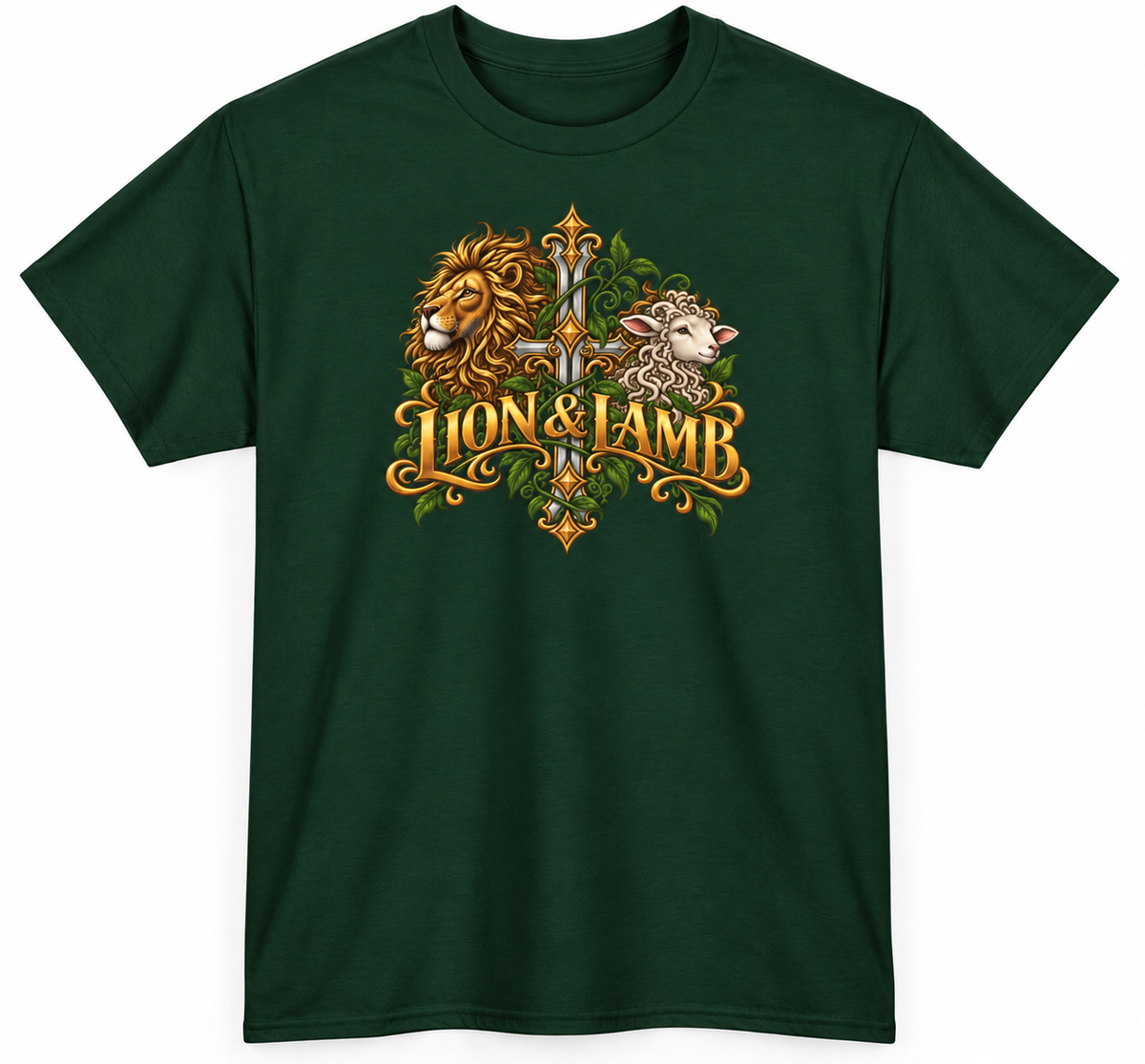 Lion & Lamb Ornate Christian Cross Unisex Heavy Cotton T-Shirt