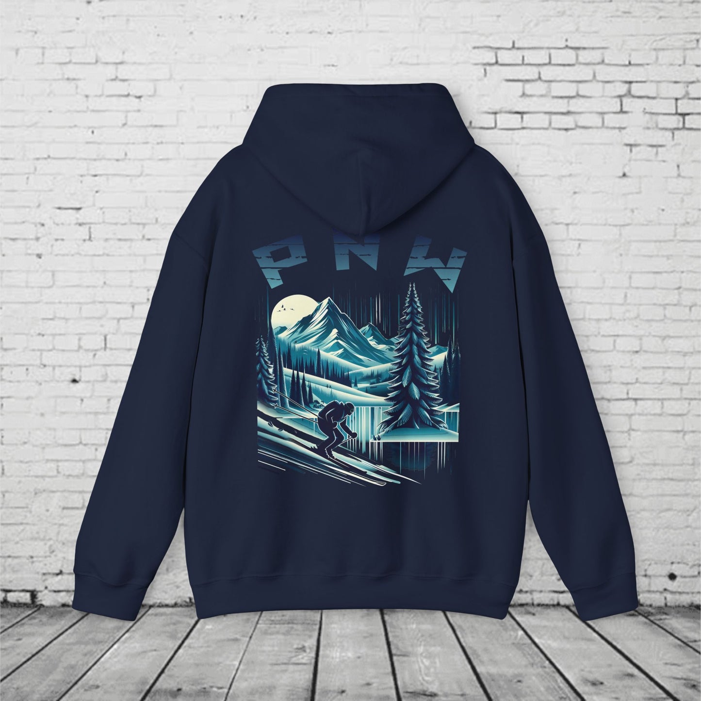 PNW Ski Hoodie – Retro Pacific Northwest Mountain Skiing Hoodie | Unisex Heavy Blend Winter Sweatshirt