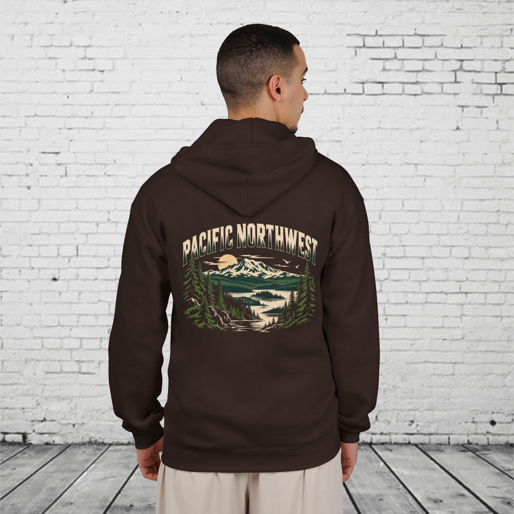 Pacific Northwest Mountain Lake Full-Zip Hoodie – PNW Evergreen Outdoor Back Graphic